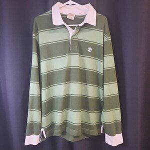 Y2K Men's Timberland Long Sleeve Rugby Shirt Size XL Organic Cotton Blend Green